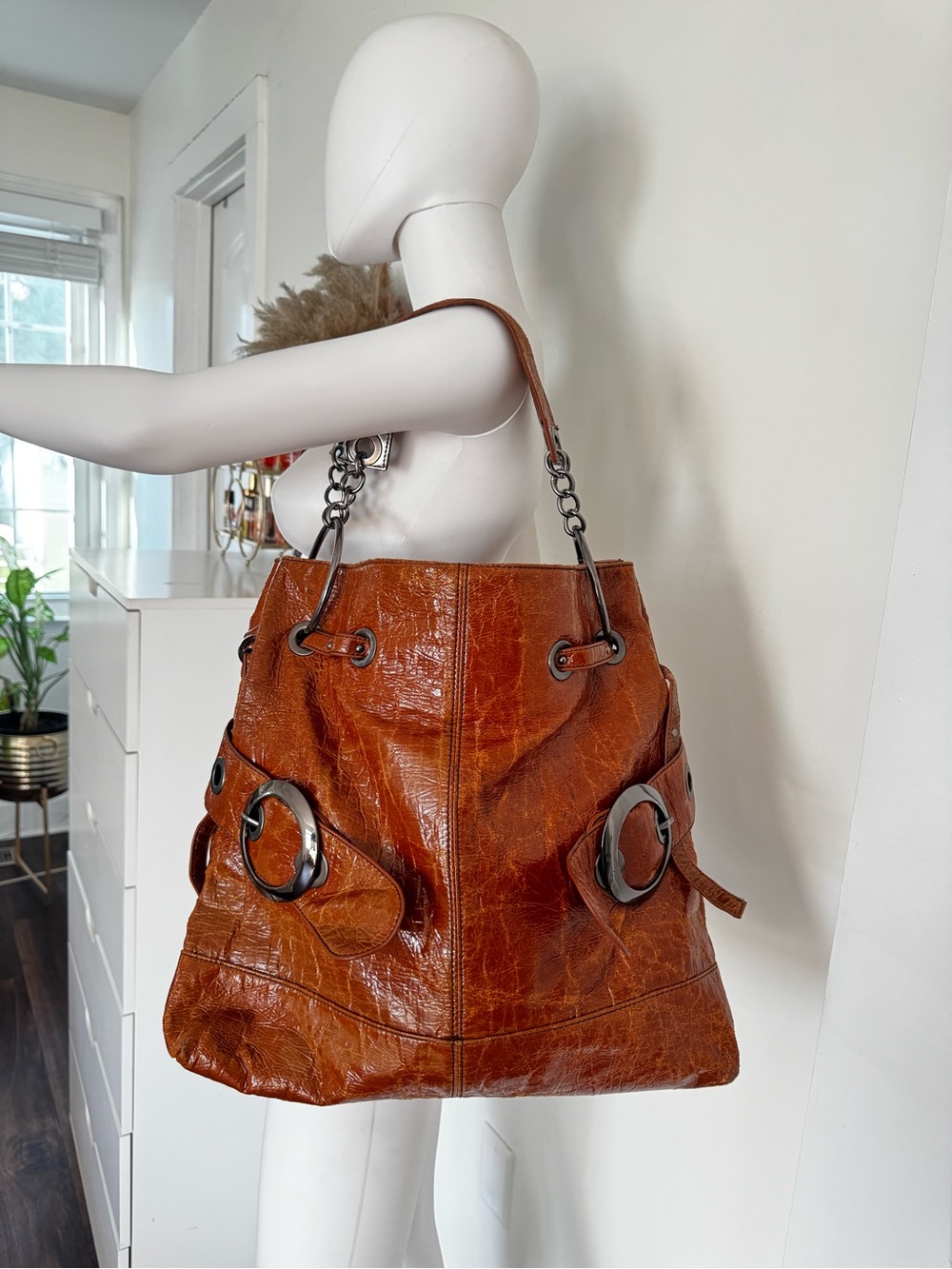 Vintage Y2K Big Buddha Cognac Distressed Hobo Ba